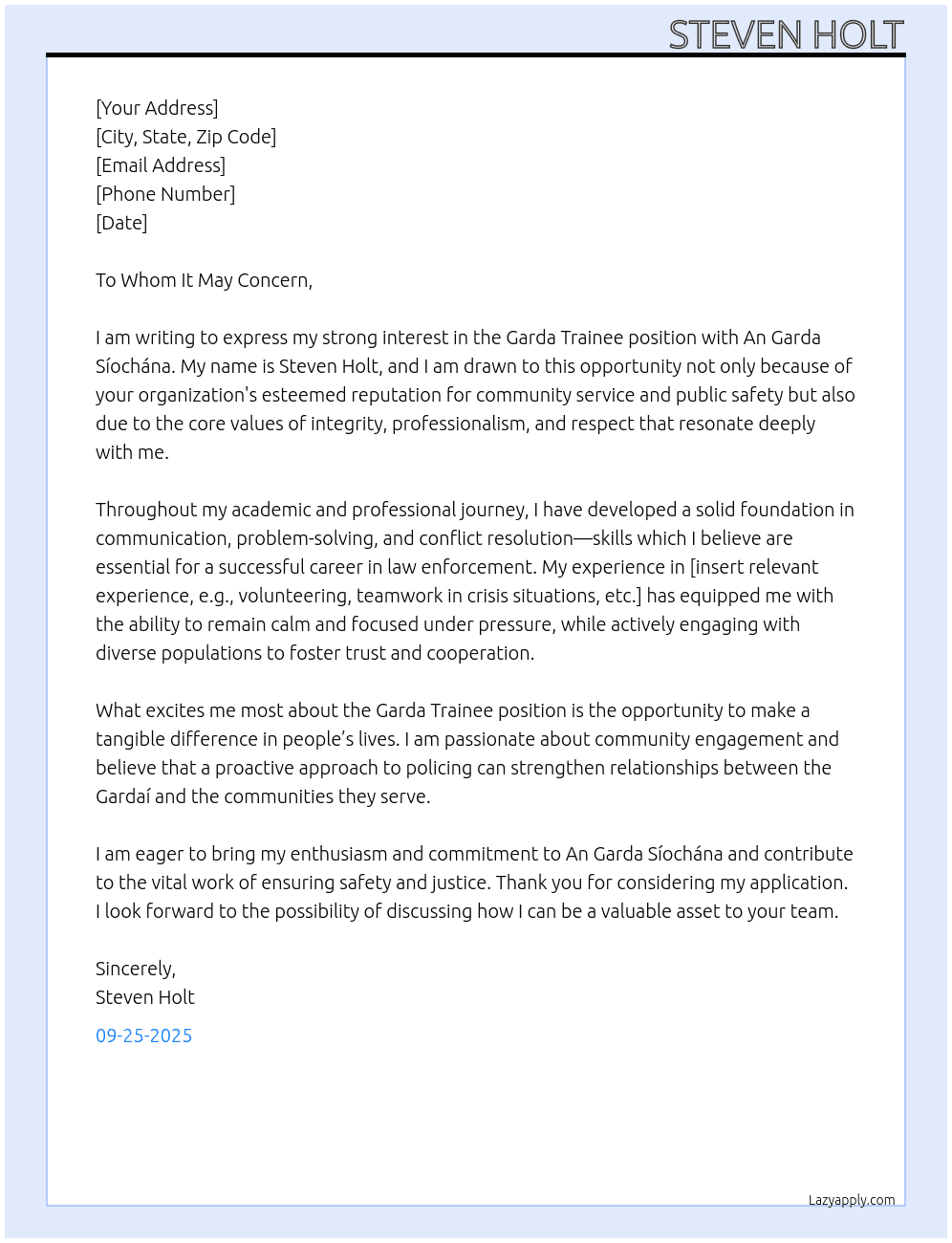 Garda Trainee At An Garda Síochána Cover Letter