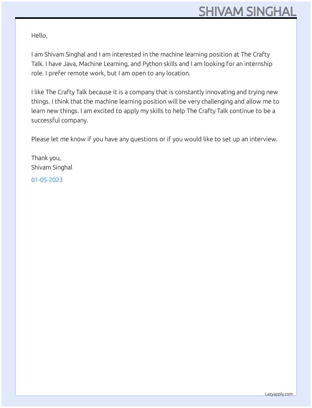 machine learning At The Crafty Talk Cover Letter