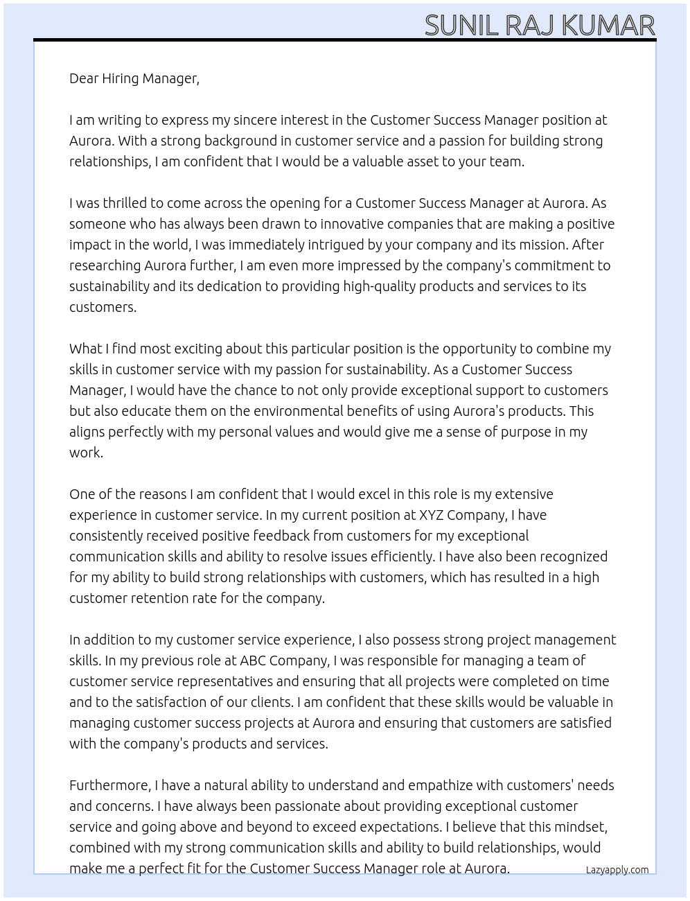 Customer Success Manager At Aurora Cover Letter