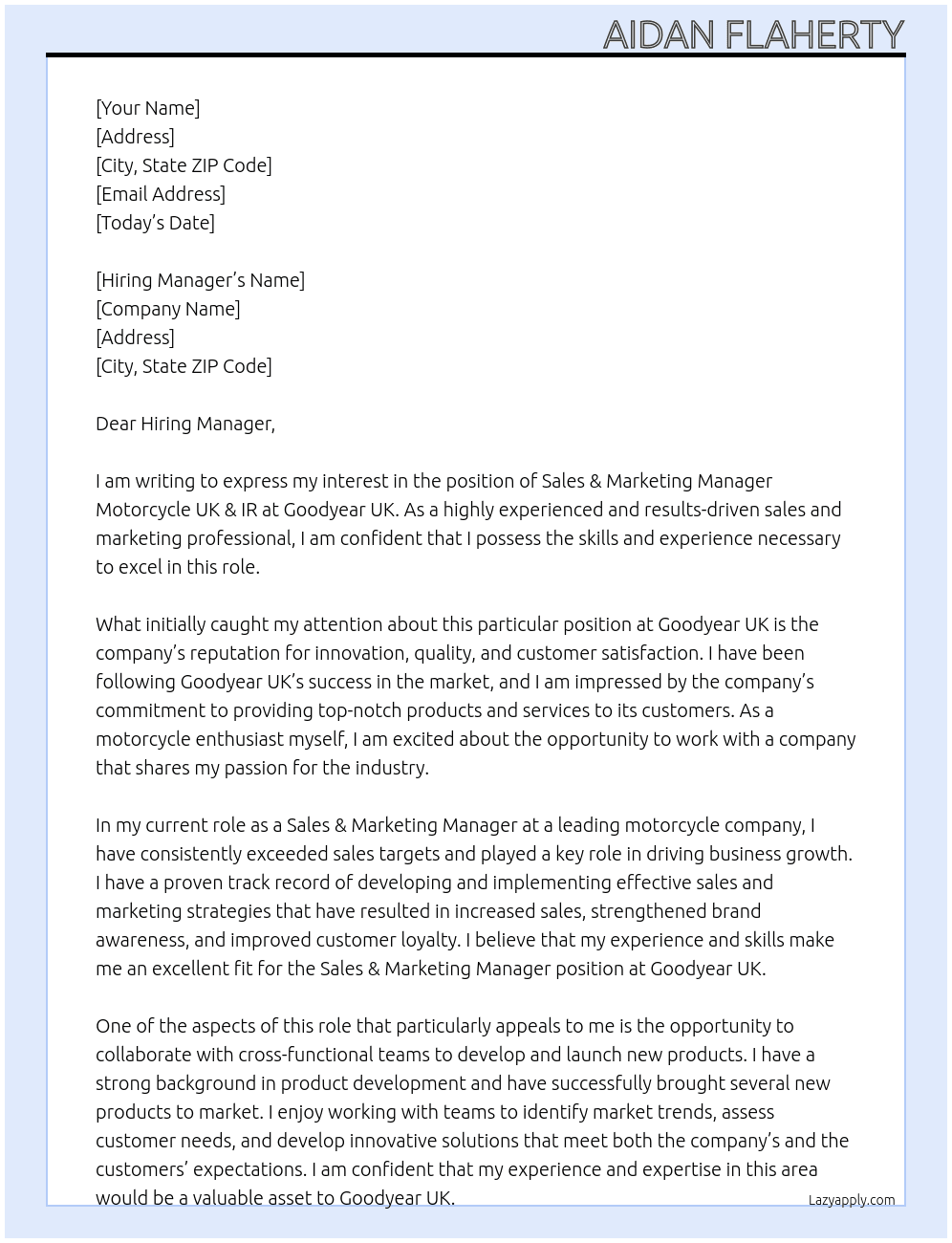 Cover letter for sales & marketing manager motorcycle uk & ir - LazyApply