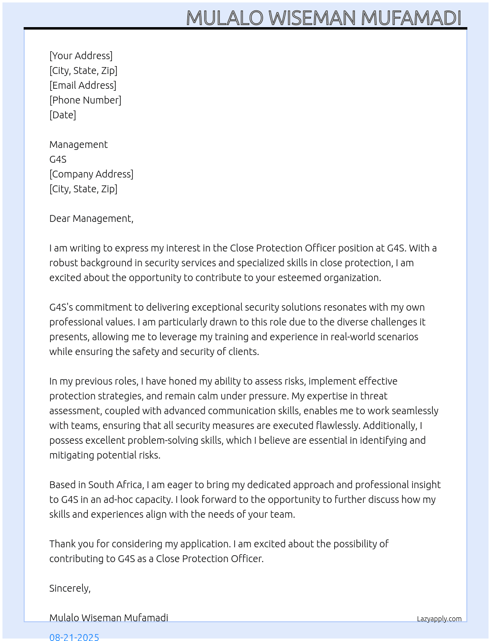 Close Protection Officer  At G4S Cover Letter