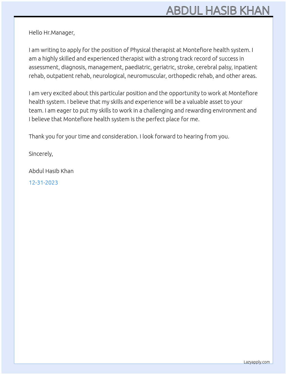 Physical therapist  At Montefiore health system  Cover Letter