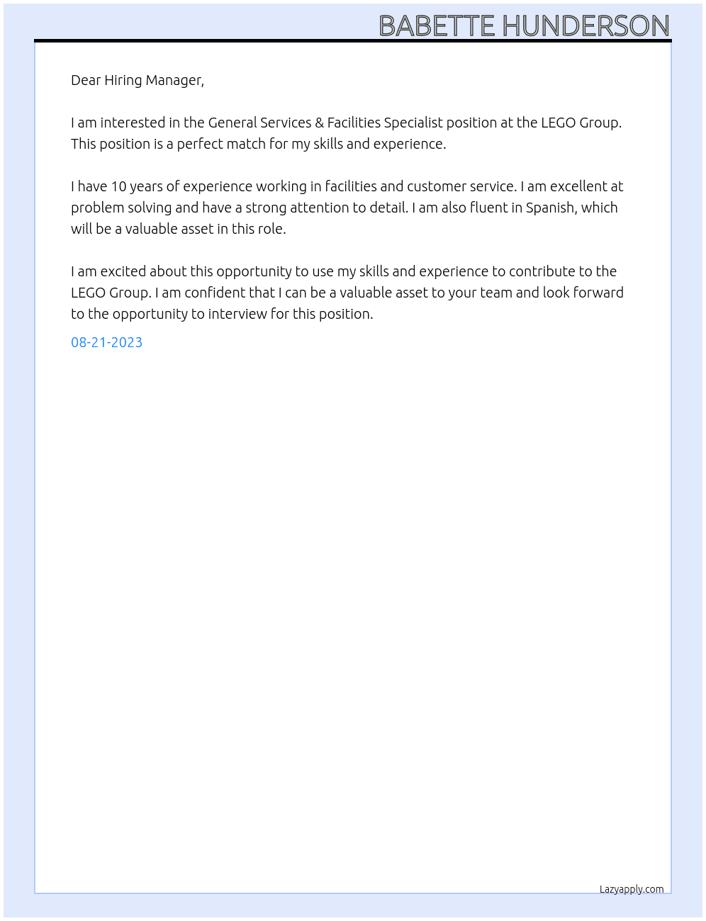 General Services & Facilities Specialist At the LEGO Group Cover Letter
