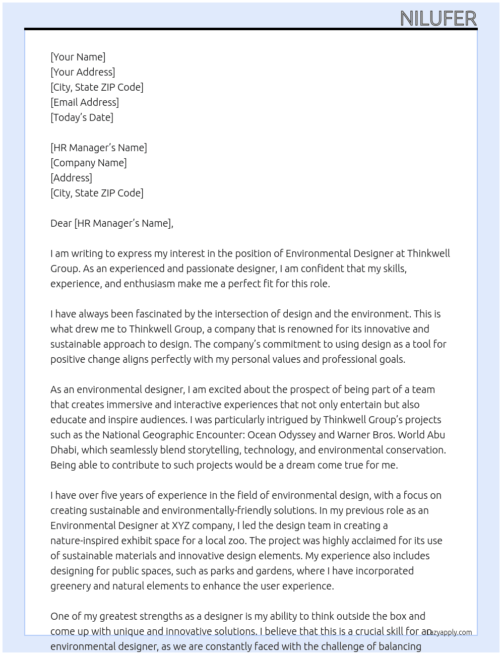 Environmental Designer At Thinkwell Group Cover Letter