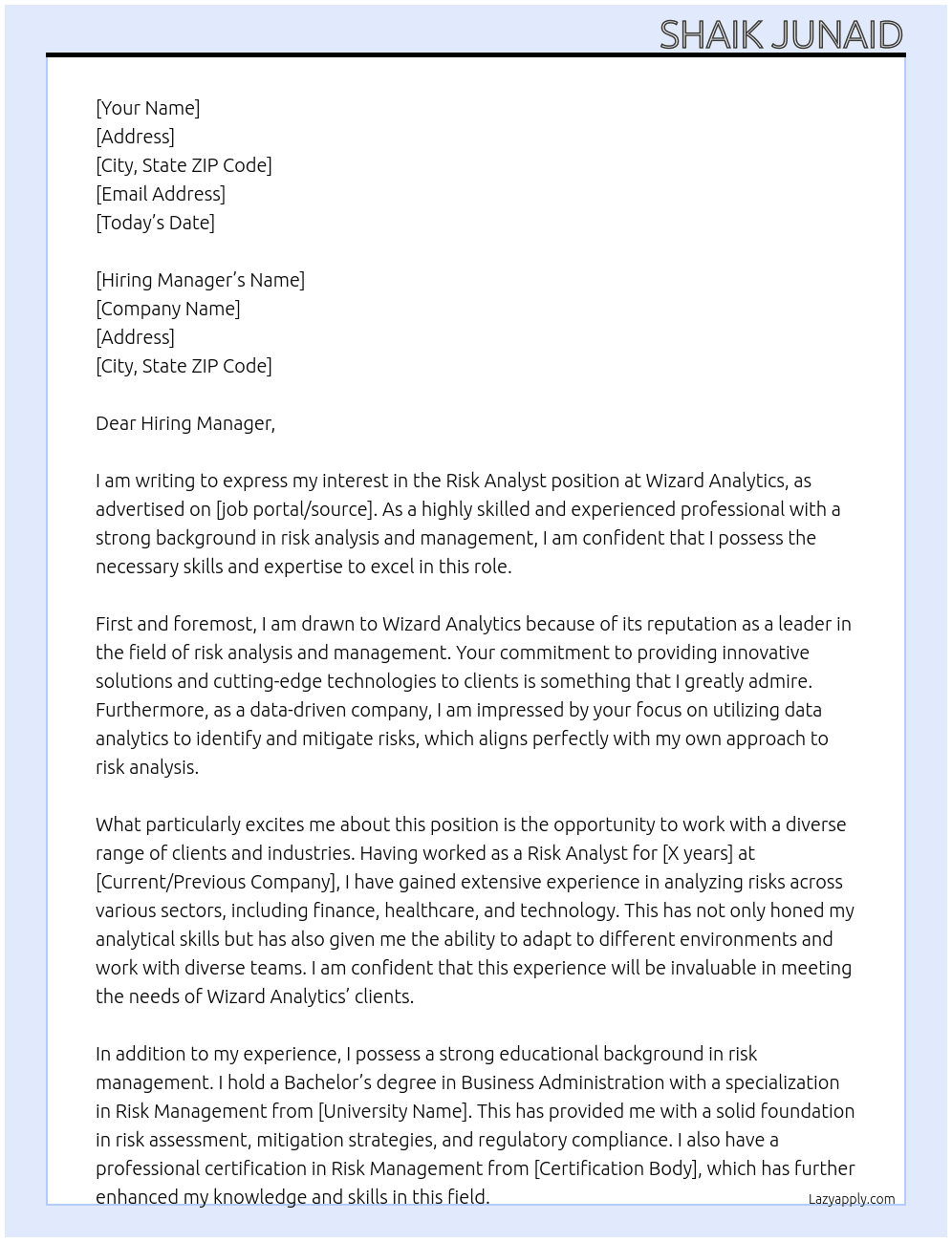Risk Analyst At Wizard Analytics Cover Letter