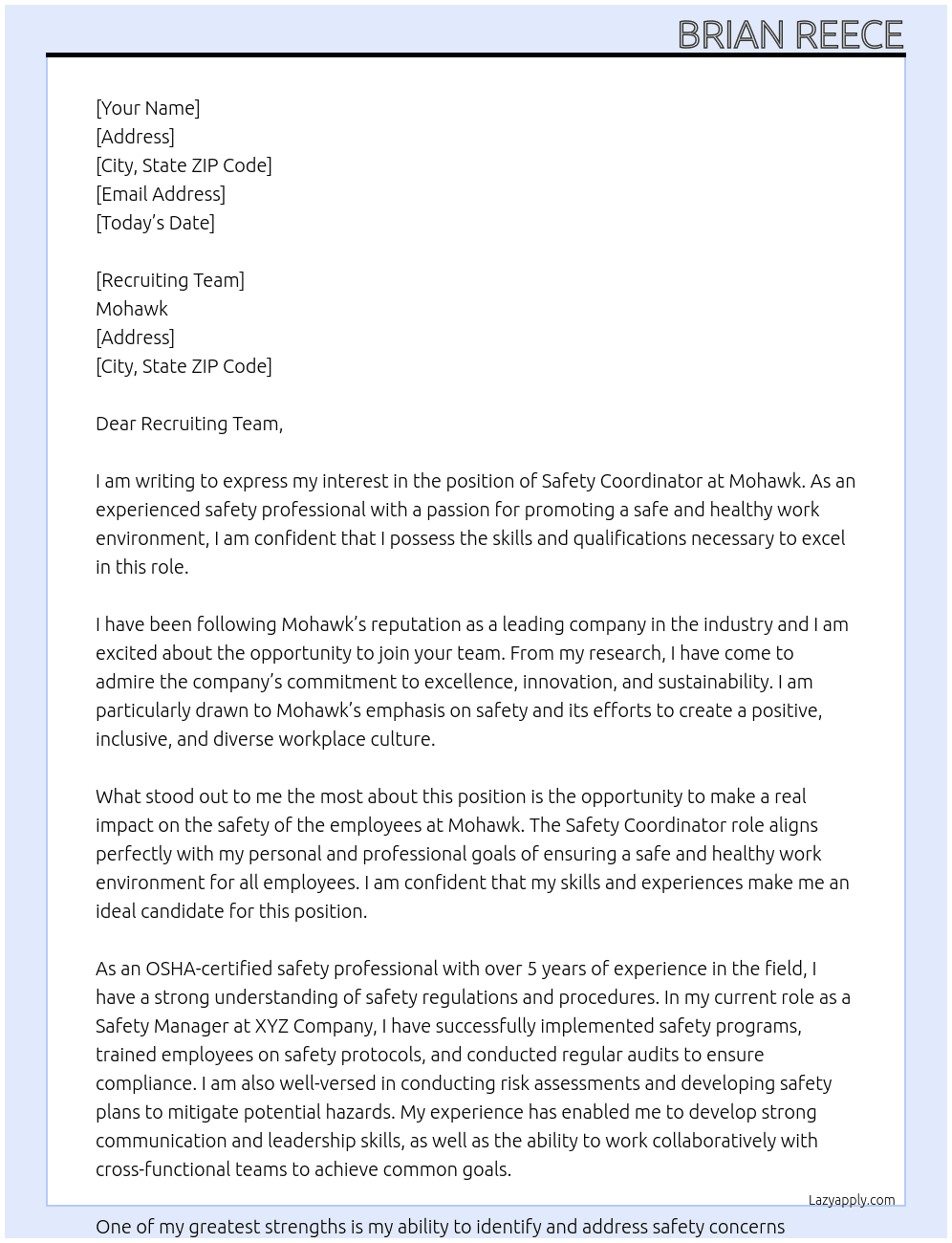 Safety Coordinator At Mohawk Cover Letter