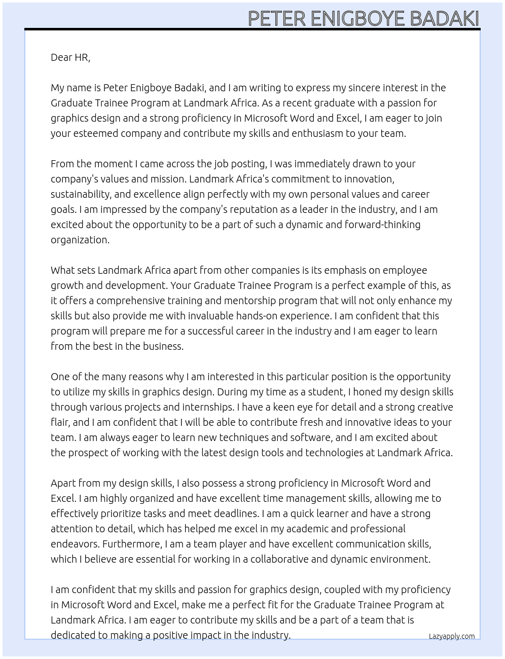 Graduate trainee program At Landmark Africa Cover Letter