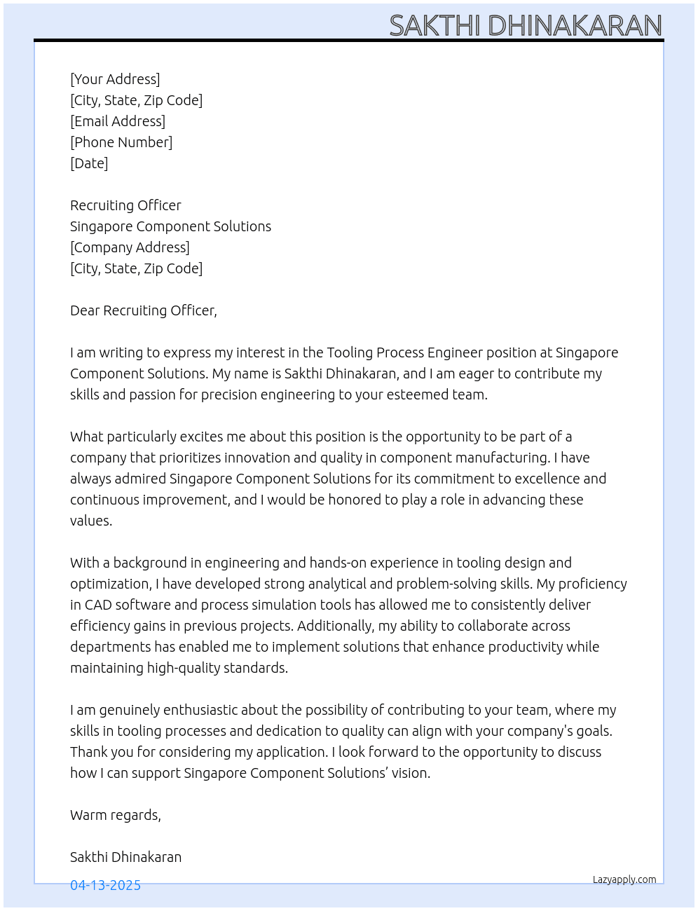 Cover letter for tooling process engineer - LazyApply