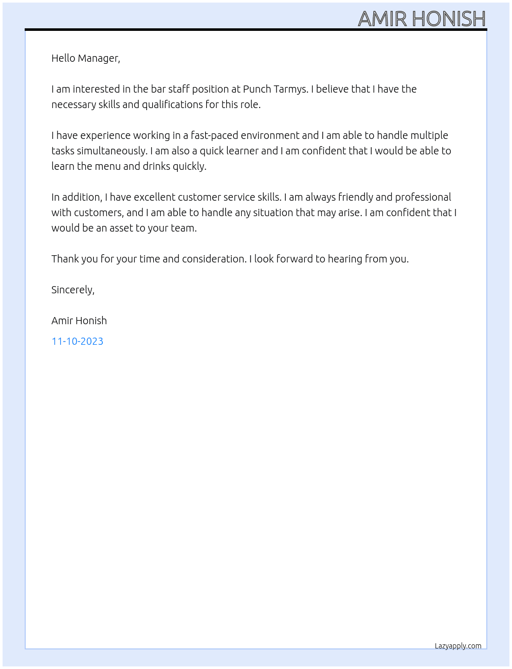 Bar staff  At Punch Tarmys Cover Letter