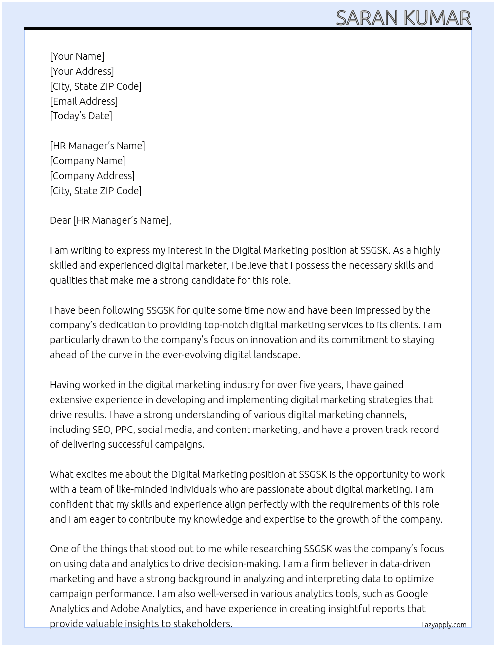 Digital marketing At SSGSK Cover Letter