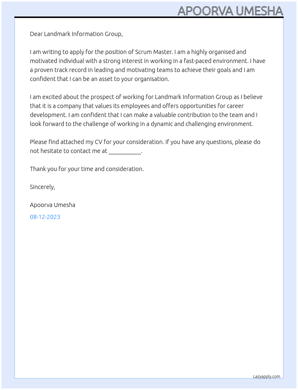 Scrum Master At Landmark Information Group Cover Letter