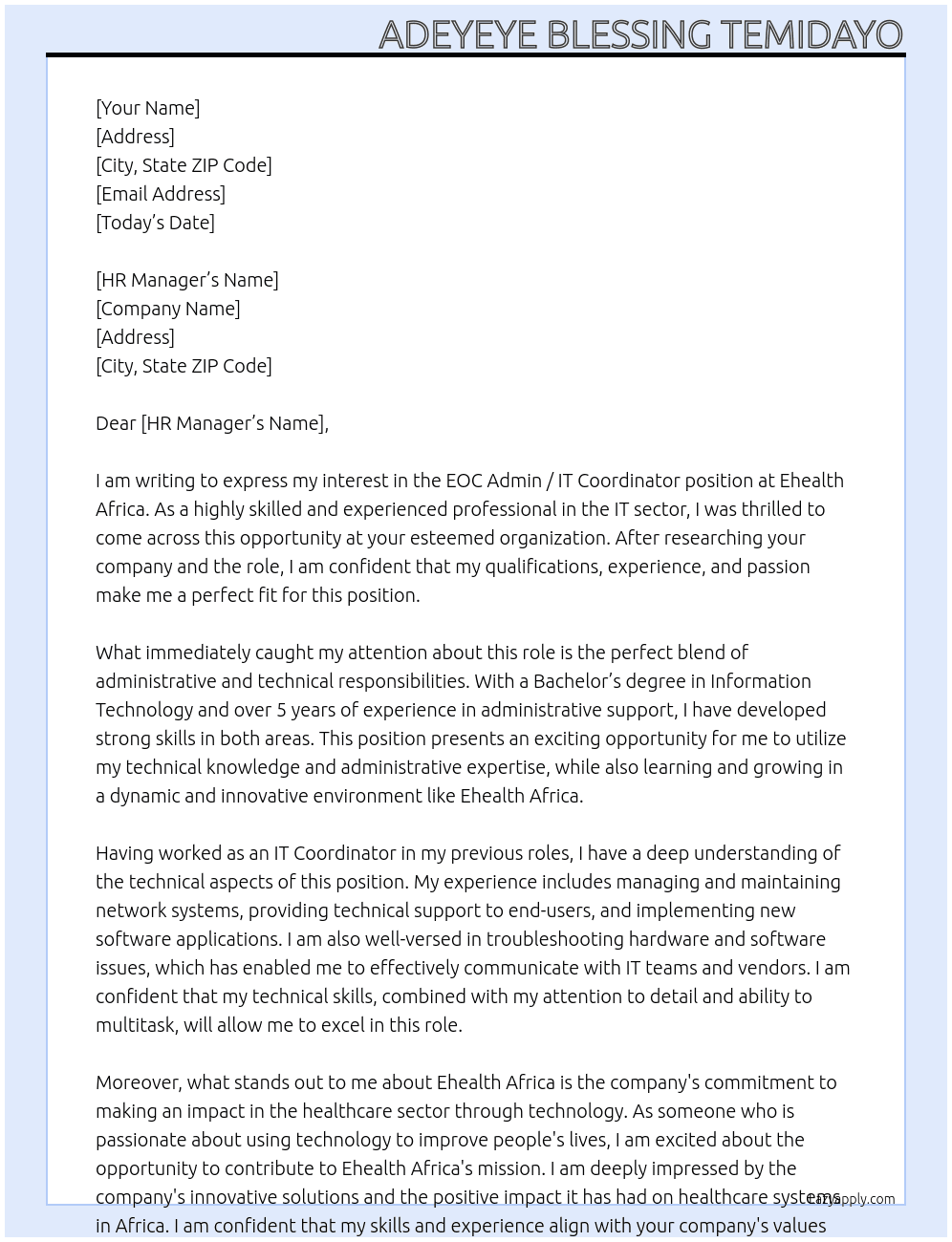 EOC Admin / IT Coordinator At Ehealth Africa Cover Letter
