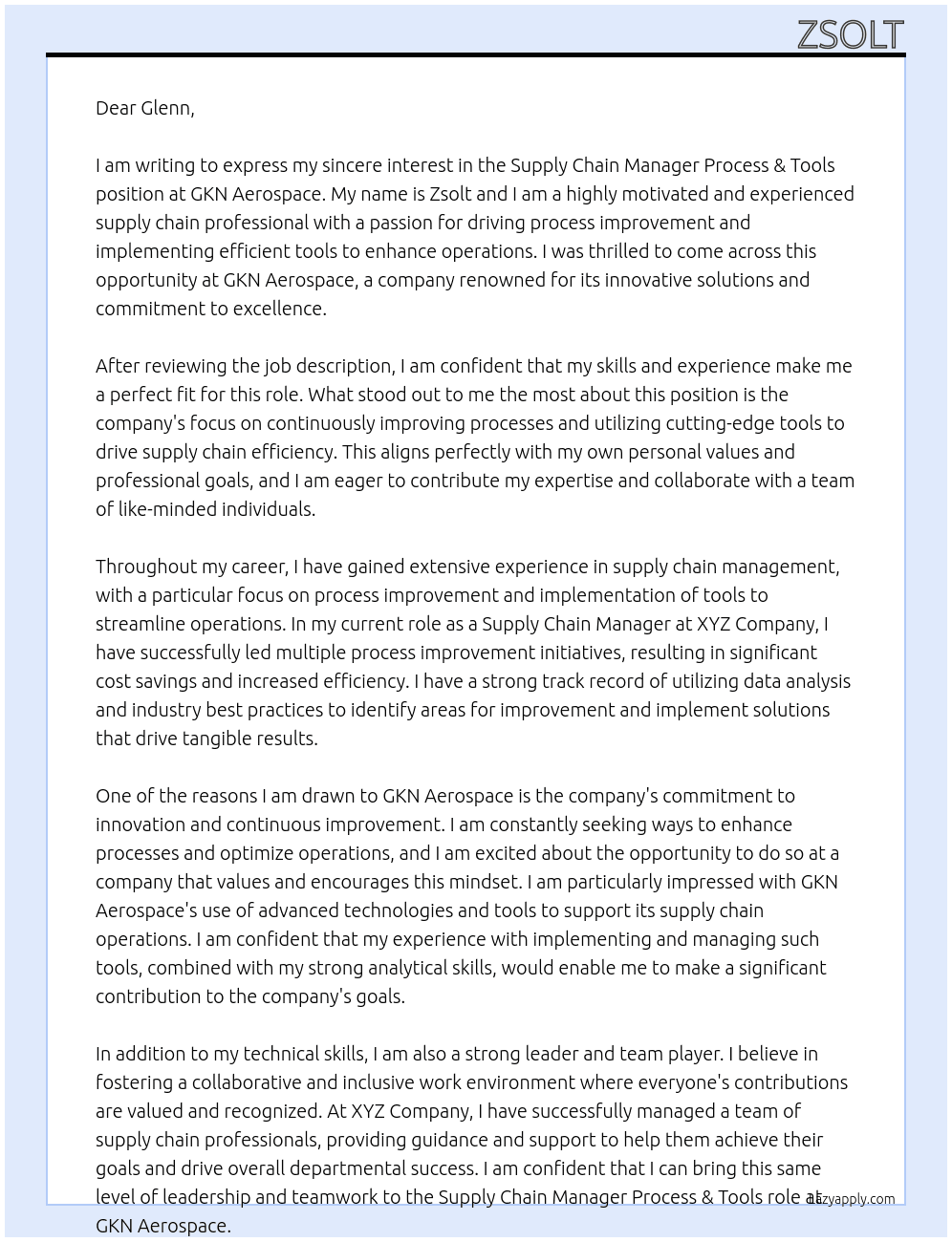 Supply Chain Manager Process & Tools At GKN Aerospace Cover Letter