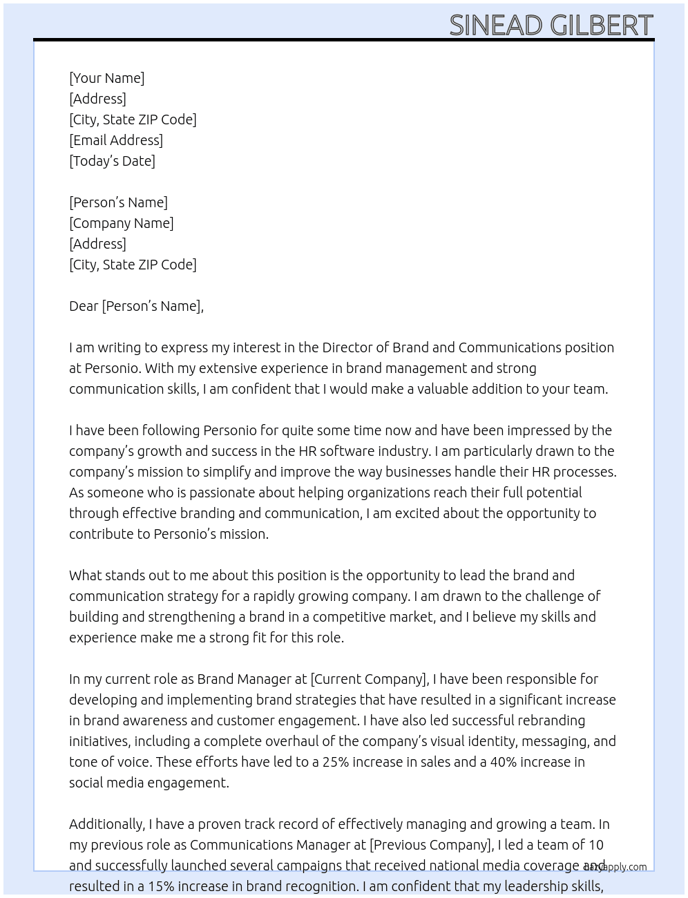 Director Brand and Communications At Personio Cover Letter