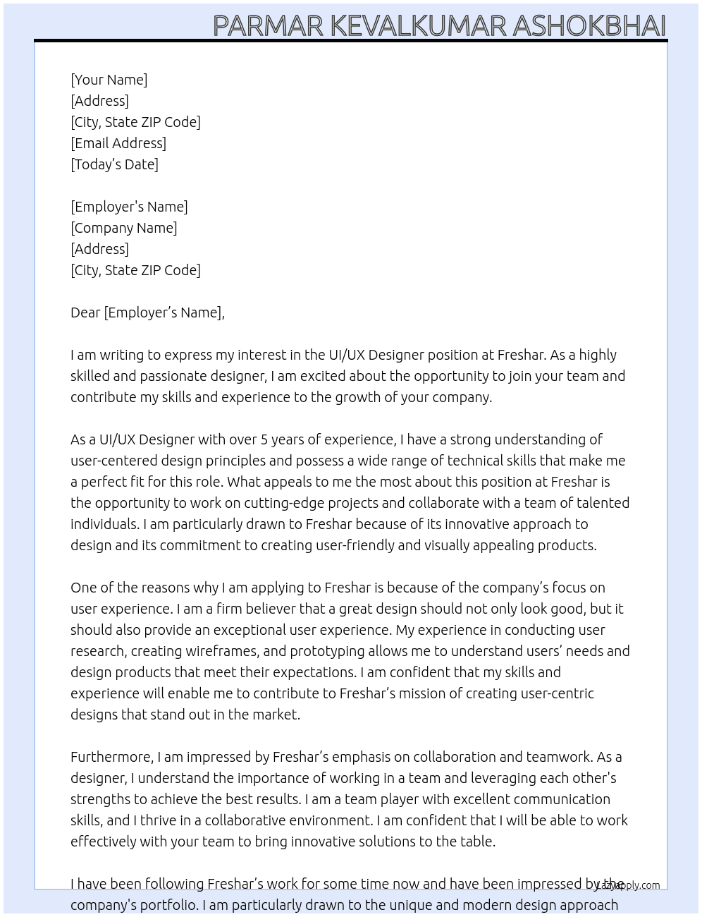 ui ux designr At freshar Cover Letter