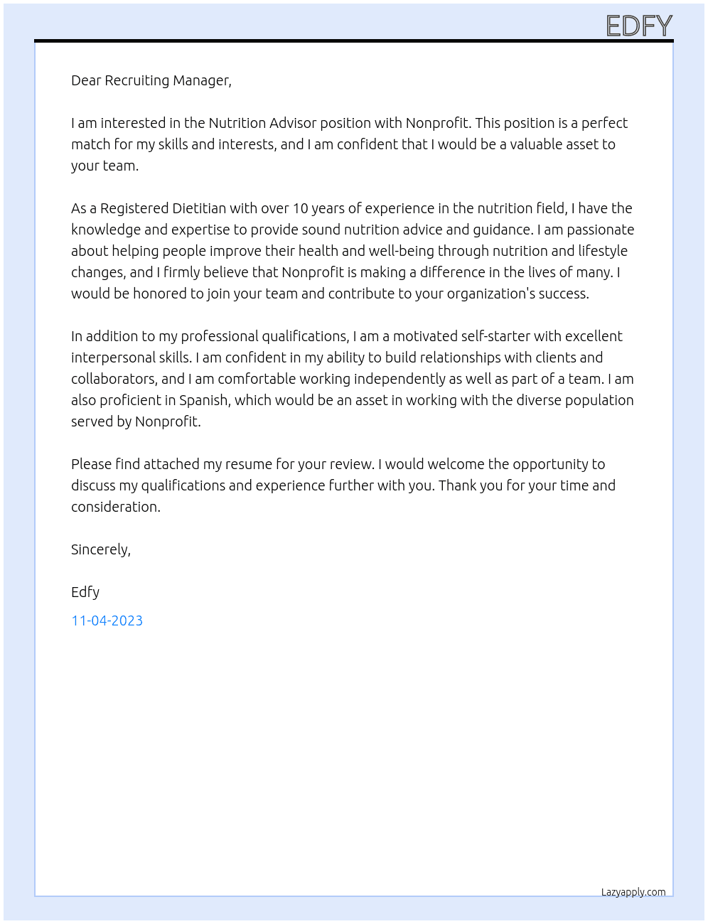 Nutrition Advisor At Nonprofit  Cover Letter