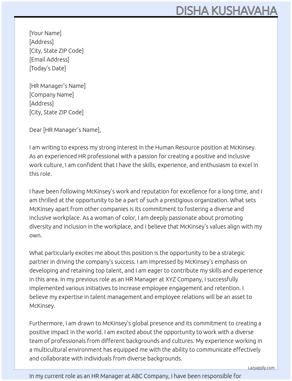 Human resource  At Mckinsey Cover Letter