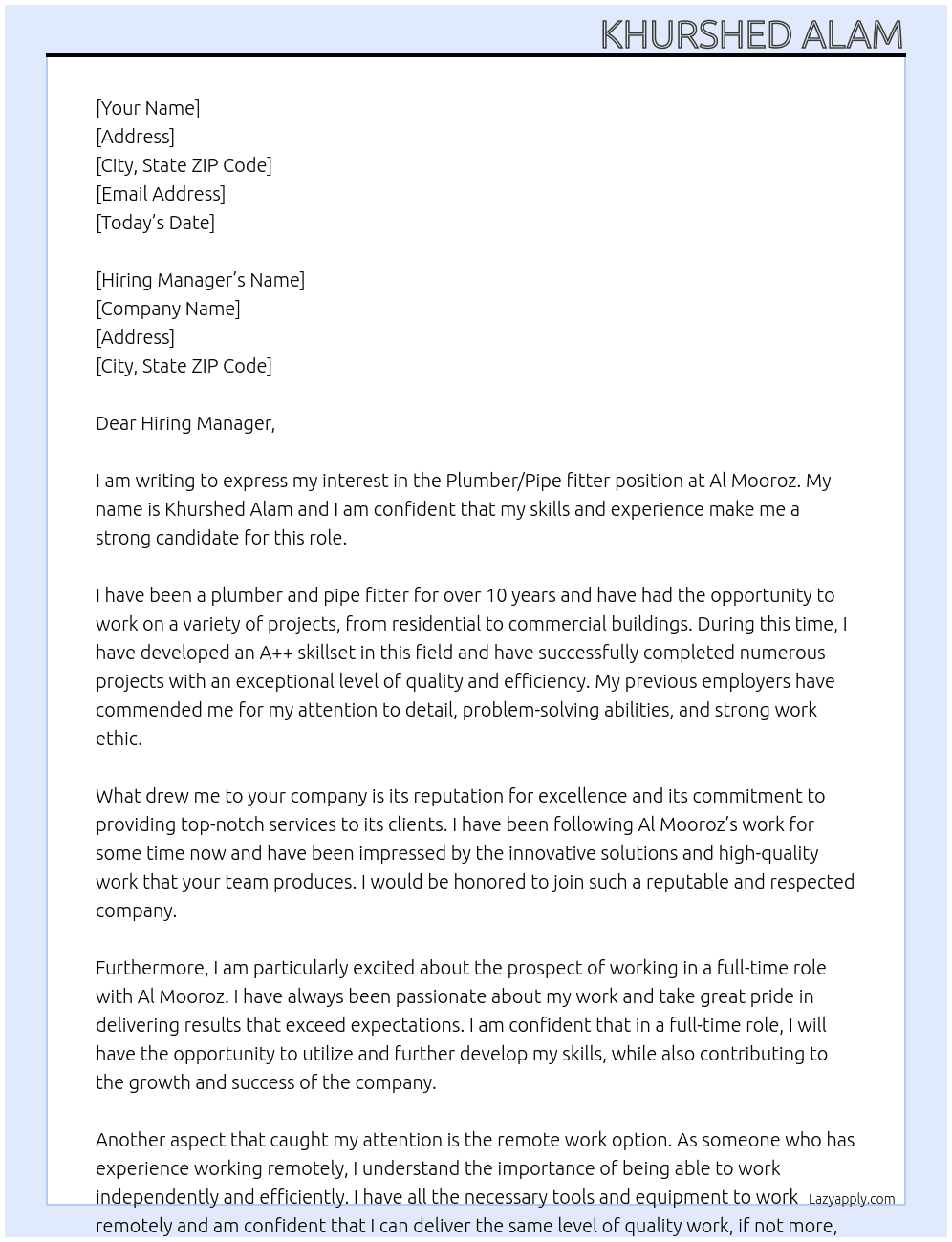 Plumber.Pipe fitter  At Al Mooroz  Cover Letter