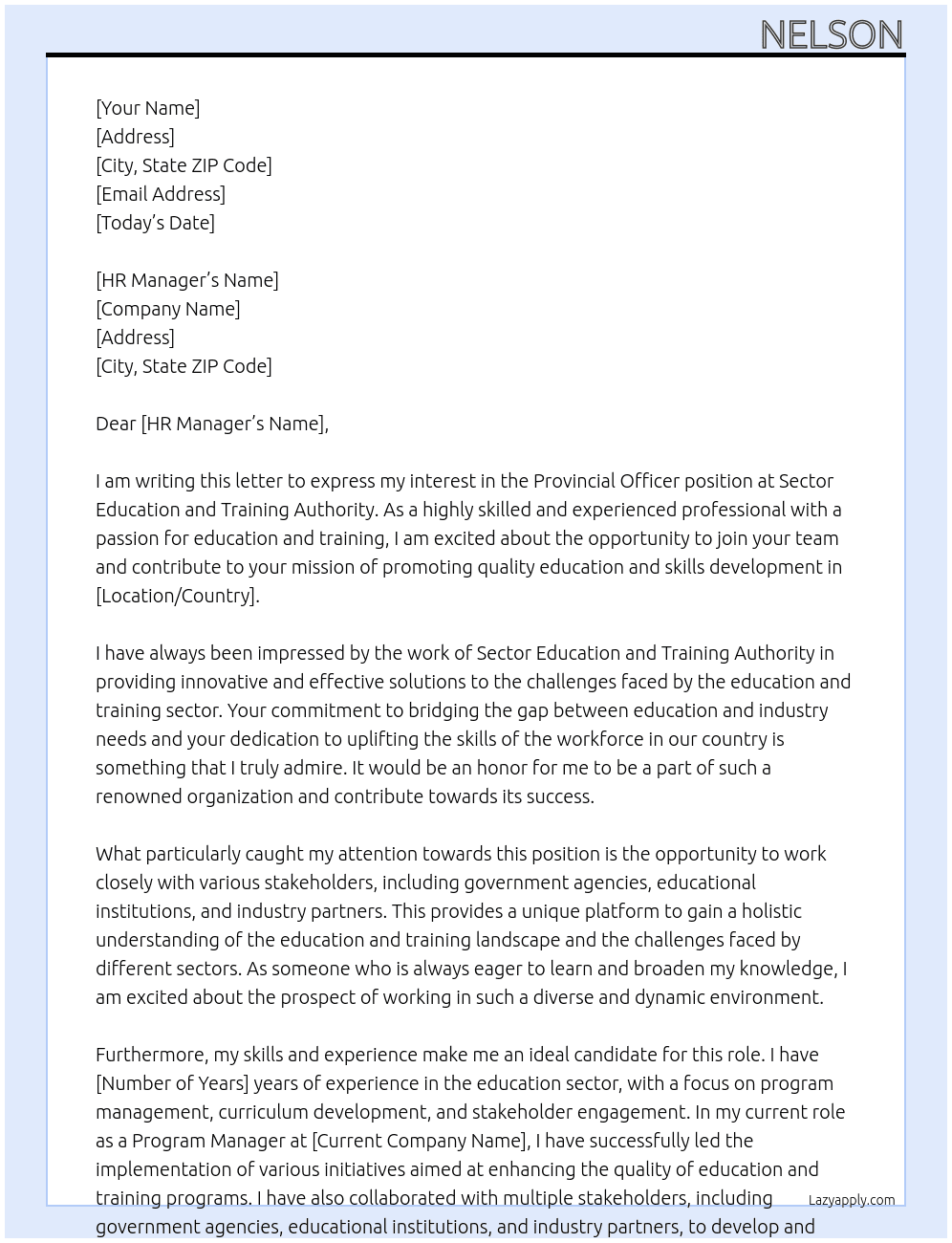 Provincial Officer At Sector Education and Training Authority Cover Letter
