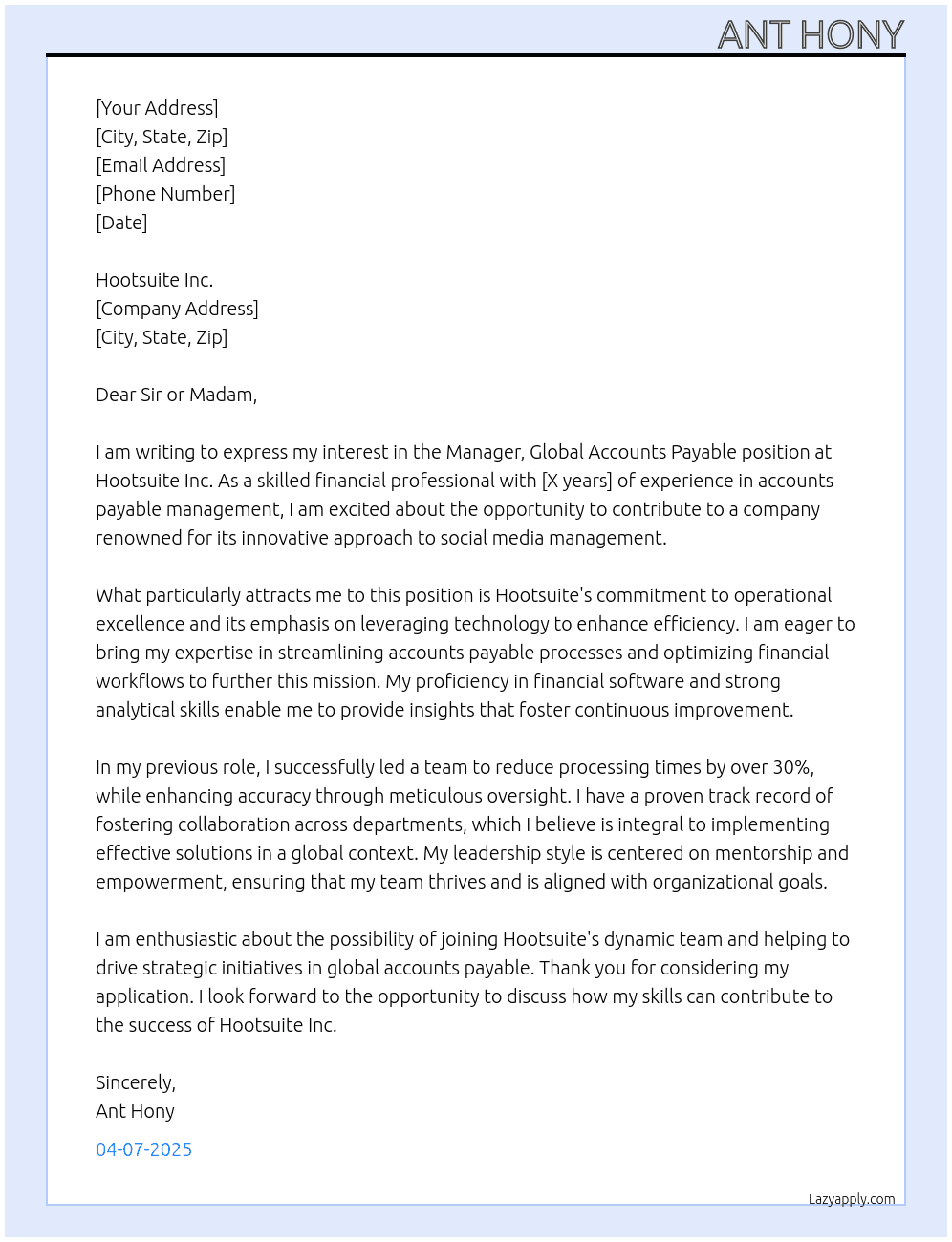 Manager, Global Accounts Payable   At Hootsuite Inc. Cover Letter
