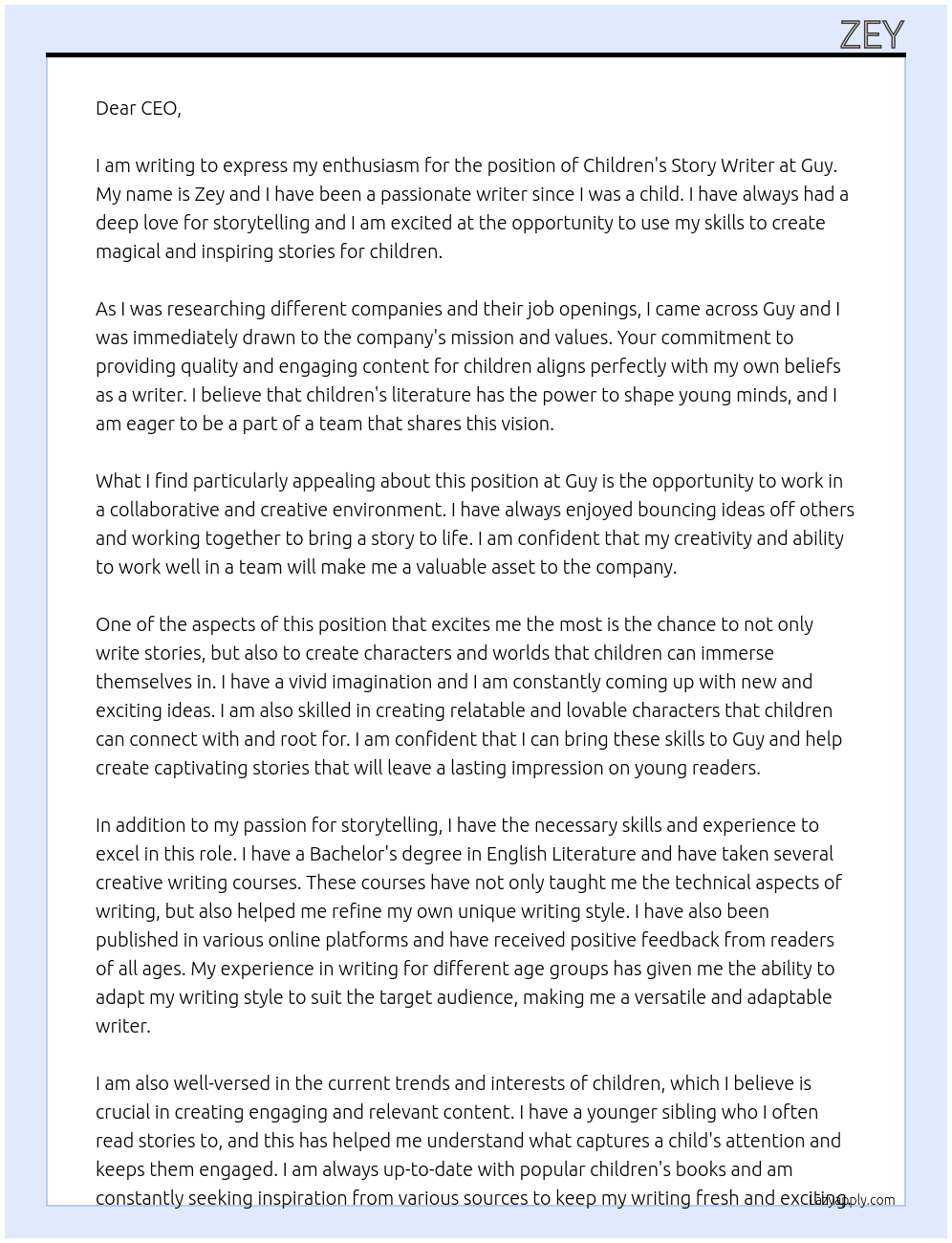 Children's story writer At Guy Cover Letter