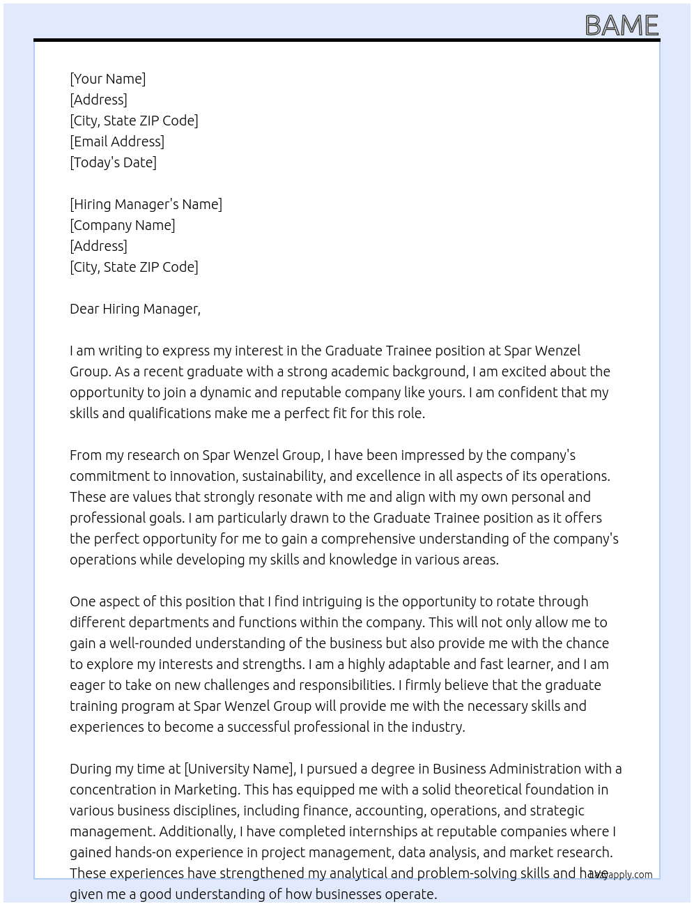 graduate trainee At Spar Wenzel group Cover Letter