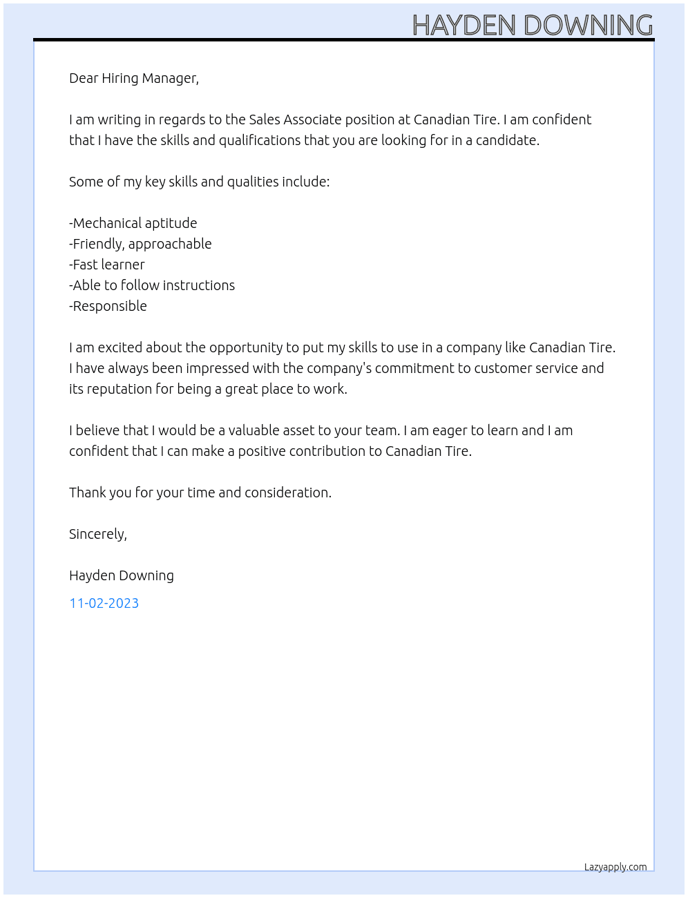 Sales Associate At Canadian Tire  Cover Letter