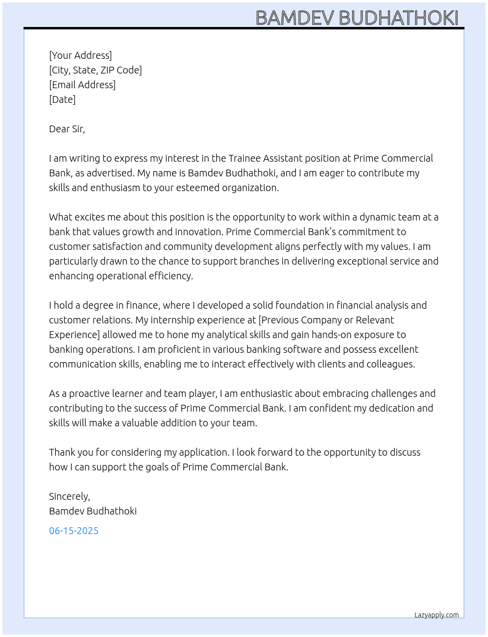 Trainee Assistant  At Prime commerical Bank Cover Letter