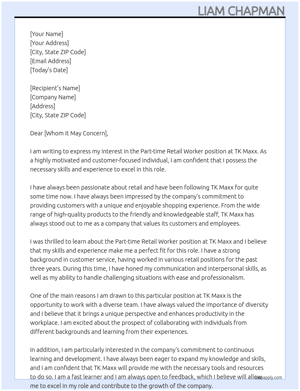 Part time retail worker At TK Maxx Cover Letter