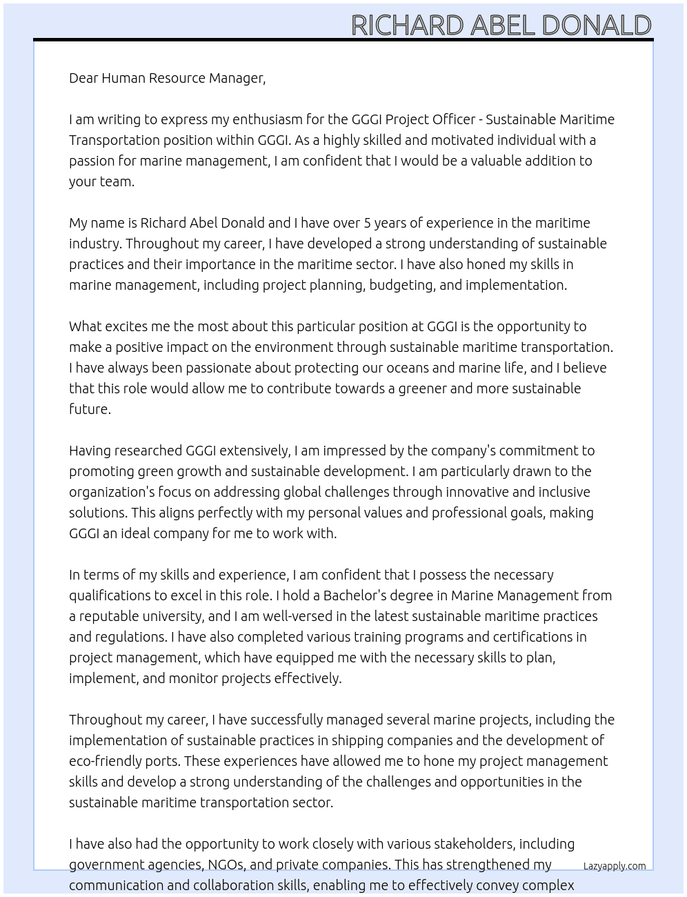 Cover letter for gggi project officer - sustainable maritime transportation ... - LazyApply