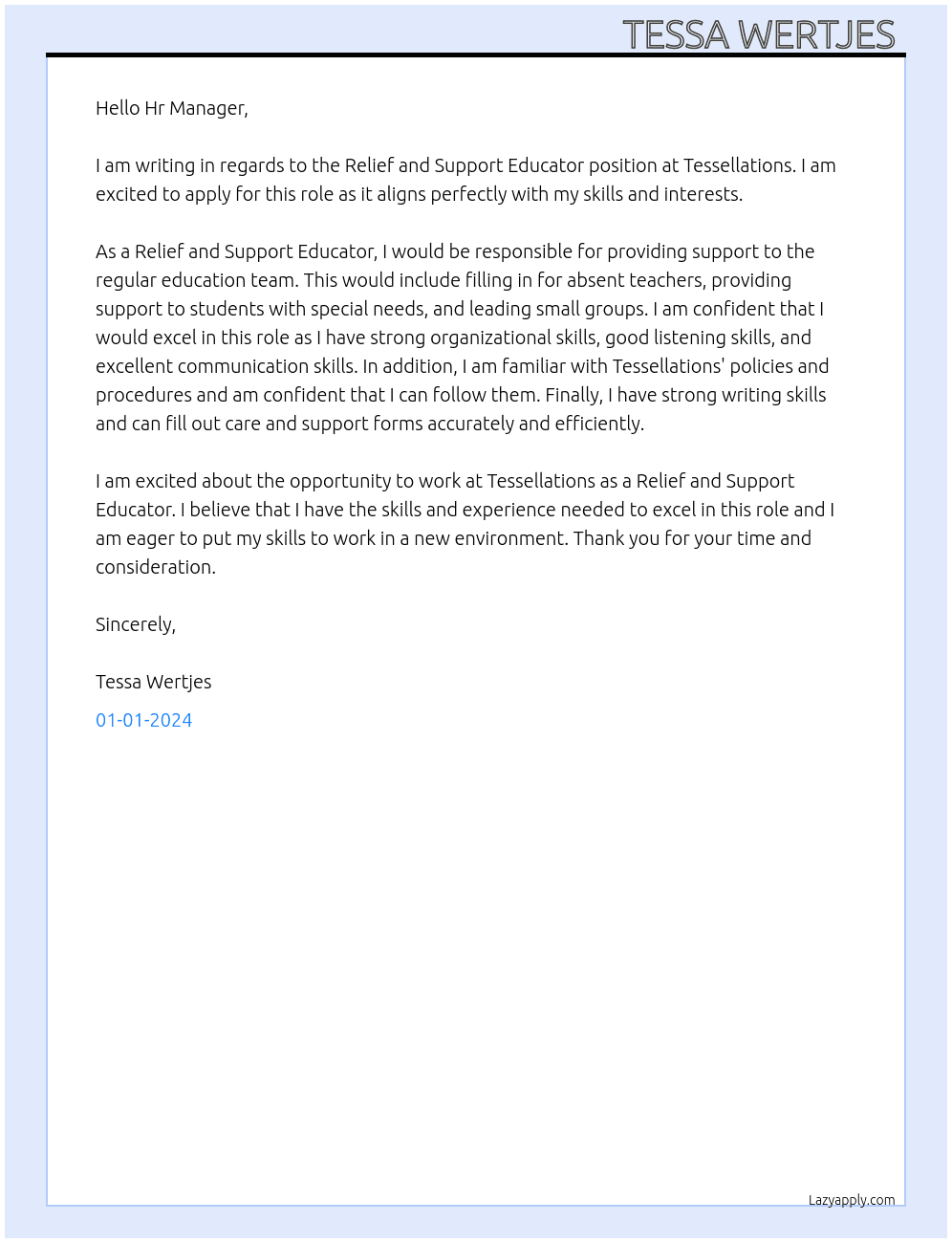 Relief and Support Educator At Tessellations Cover Letter