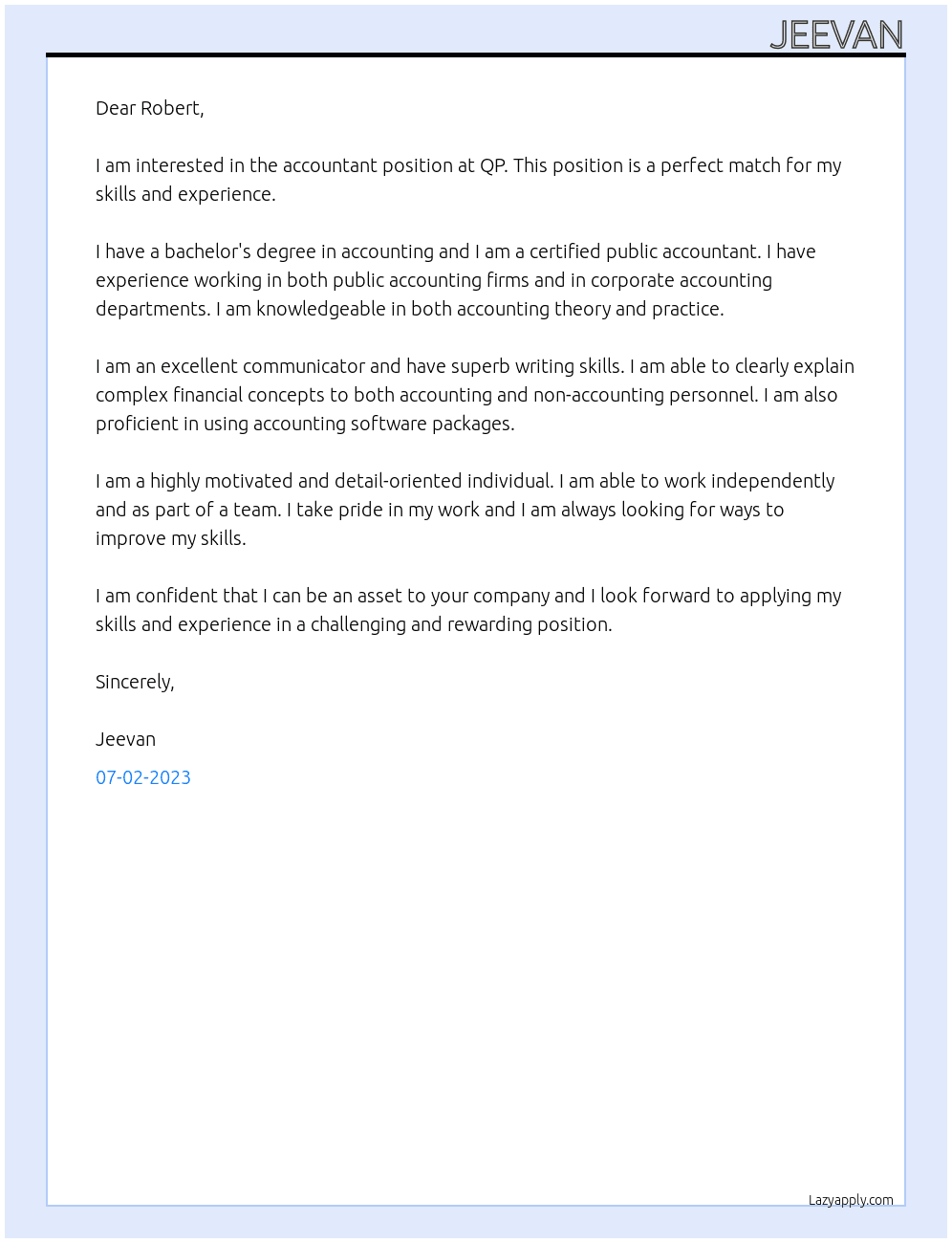 ACCOUNTANT At QP Cover Letter