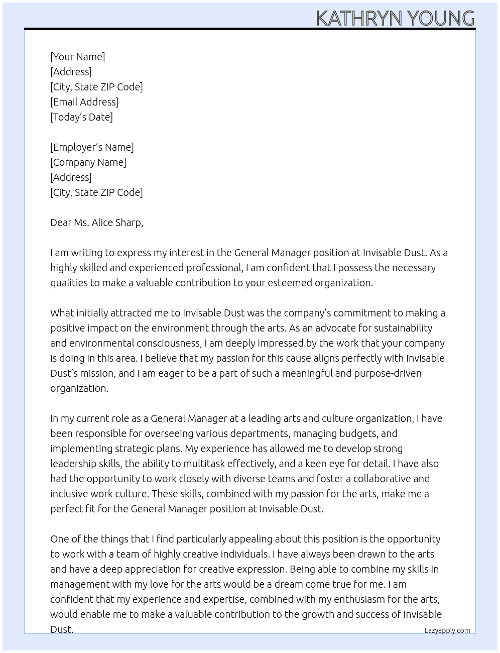 General Manager At Invisable Dust Cover Letter