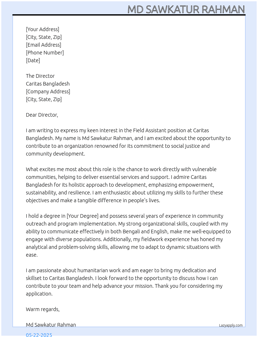 Field assistant At Caritas Bangladesh  Cover Letter