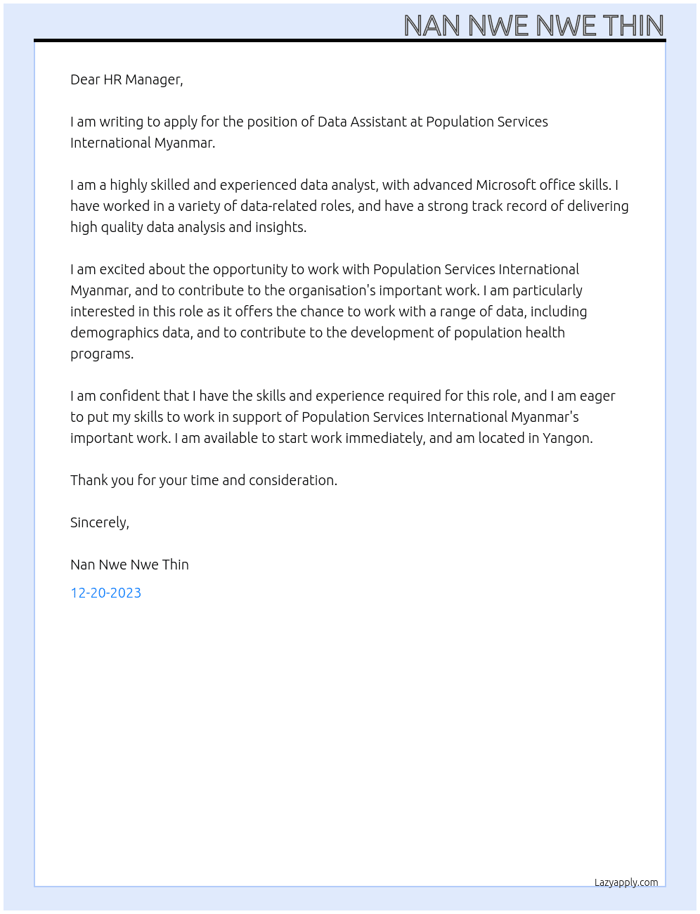 Data Assistant At Population Services International Myanmar  Cover Letter