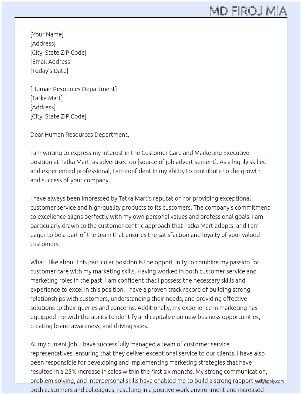 Customer Care and Marketing Executive  At Tatka Mart Cover Letter