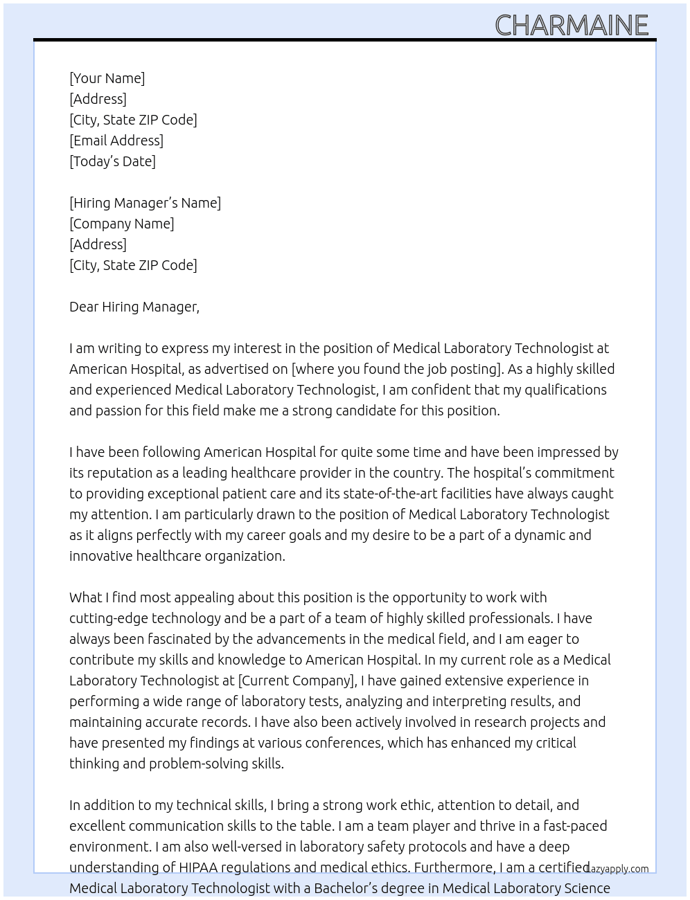 Medical Laboratory Technologist At American Hospital  Cover Letter