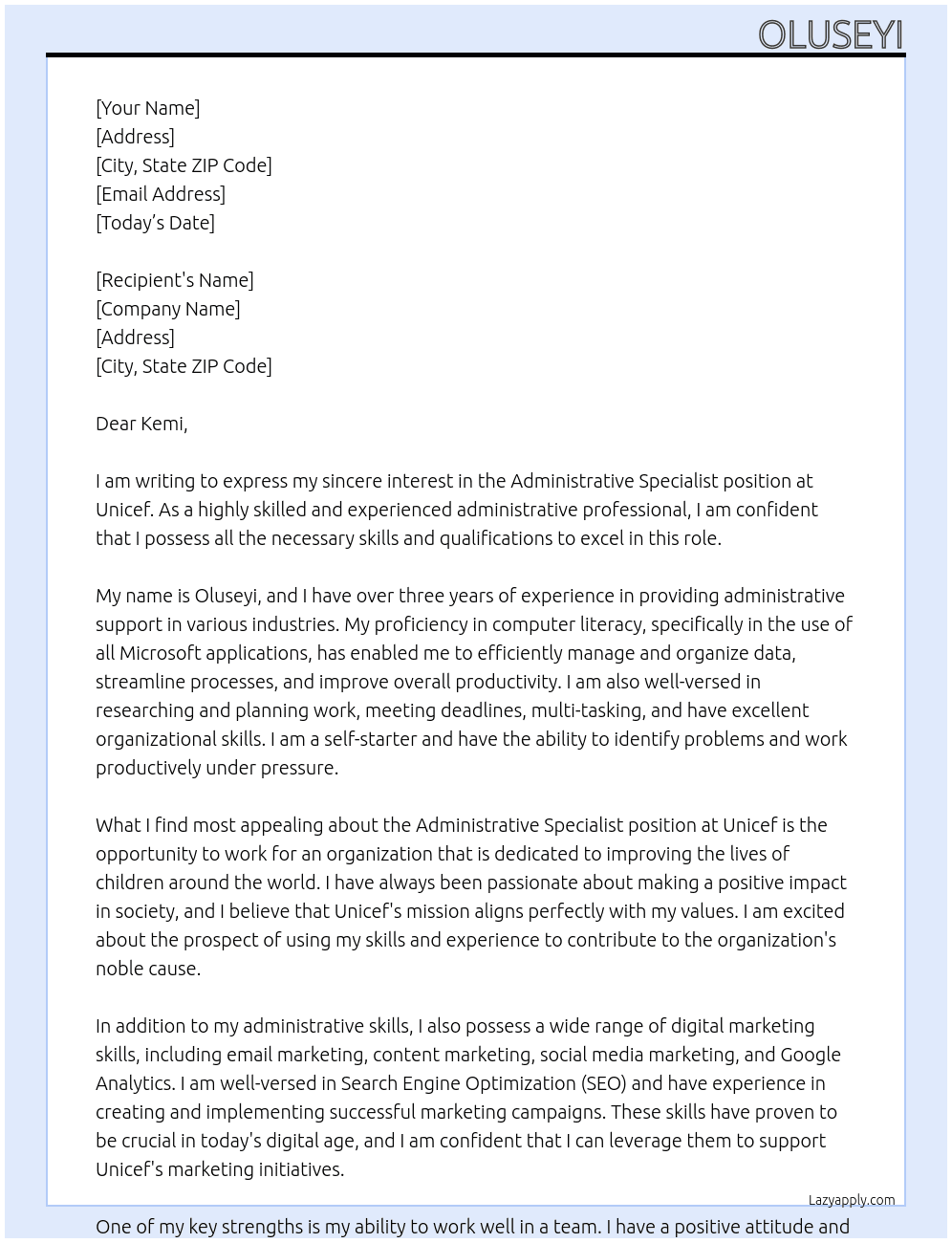 Administrative Specialist At Unicef Cover Letter