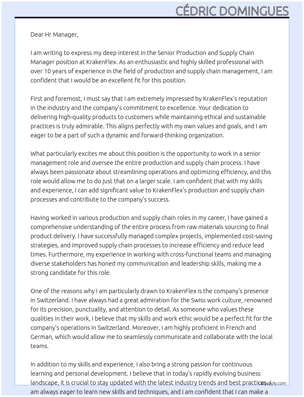Senior Production and Supply Chain Manager At KrakenFlex Cover Letter