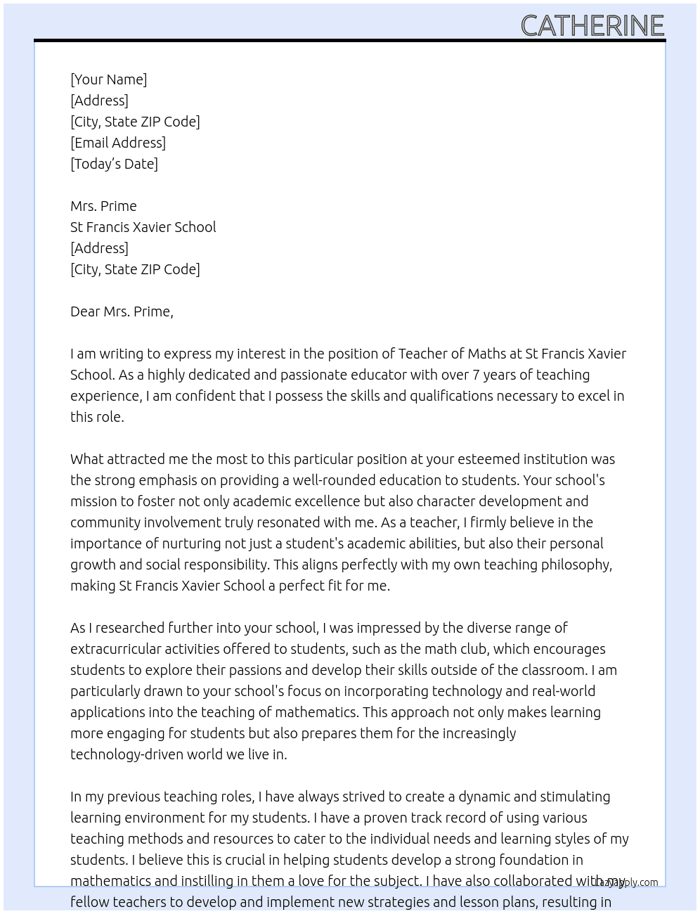 teacher of maths  At St Francis Xavier School Cover Letter