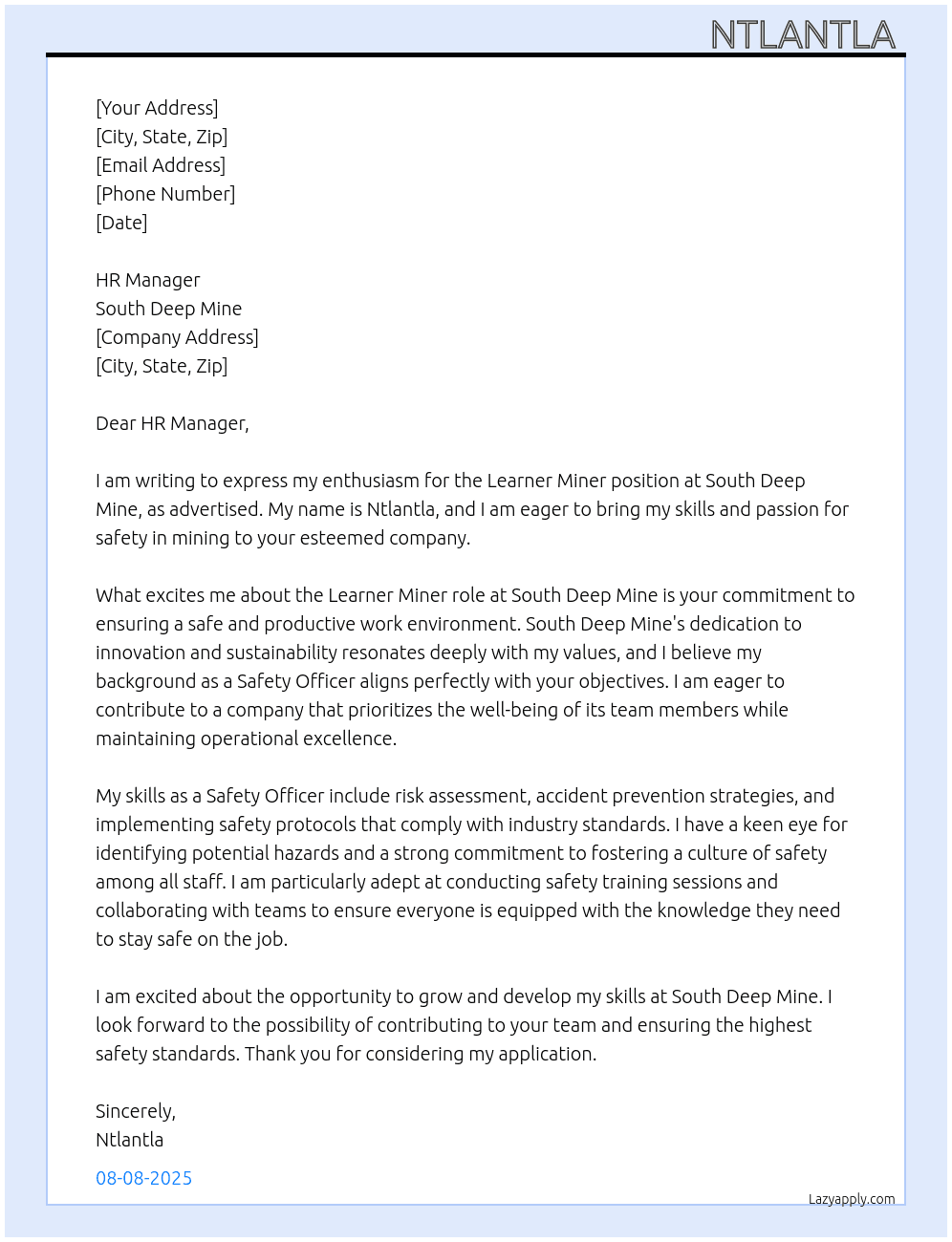 Leaner miner At South deep mine Cover Letter
