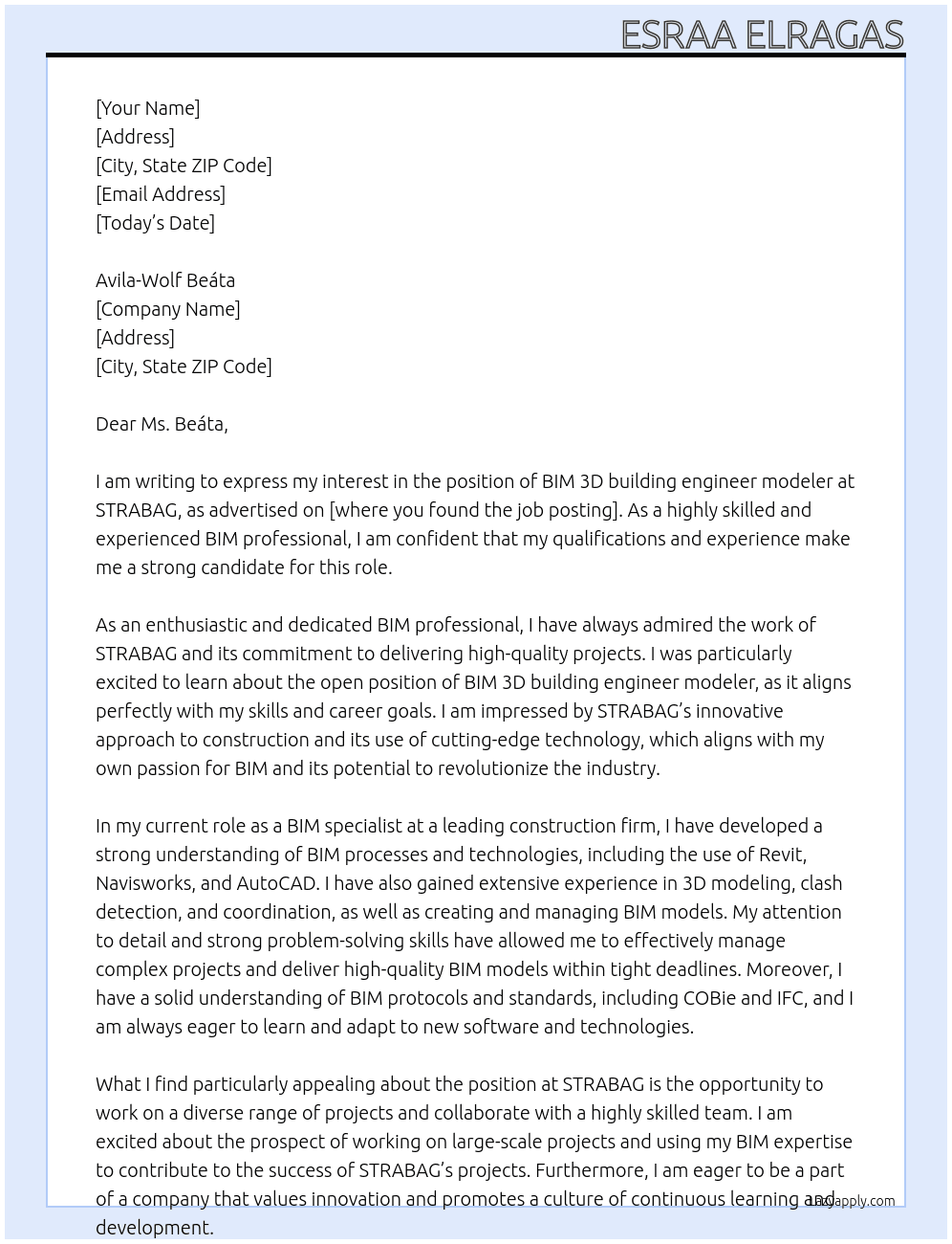 BIM 3D building engineer modeler At STRABAG Cover Letter
