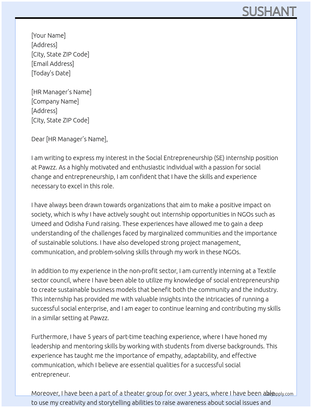 Applying for Social Entrepreneurship (SE) internship At Pawzz Cover Letter