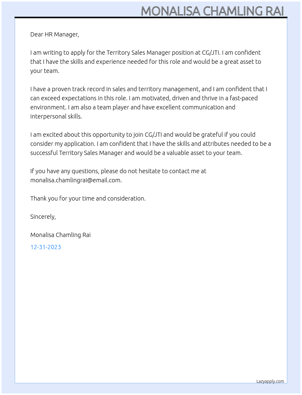 Territory sales manager  At CG/JTI Cover Letter