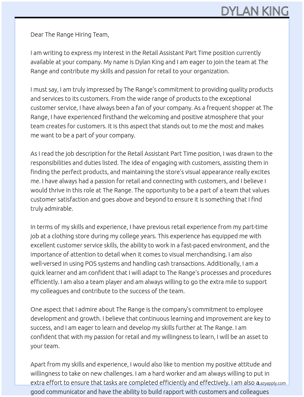 Retail assistant part time At The range Cover Letter