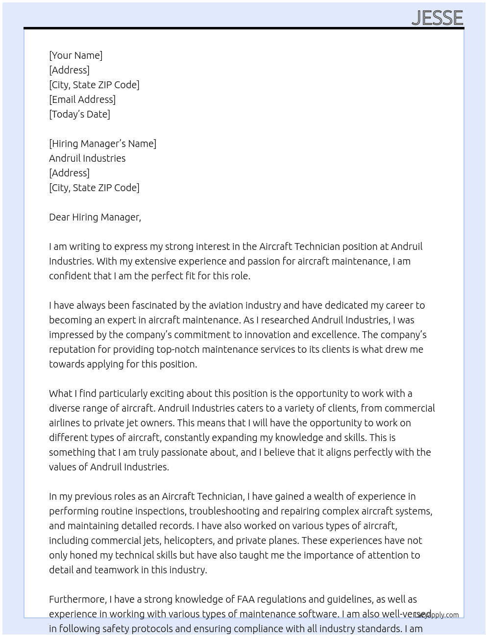 Aircraft Technician At Andruil Industries Cover Letter