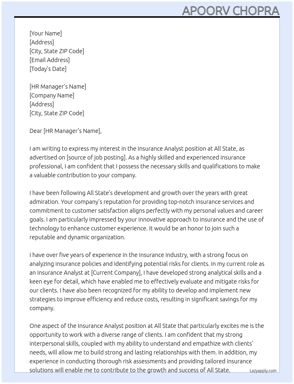 Insurance Analyst At All State Cover Letter