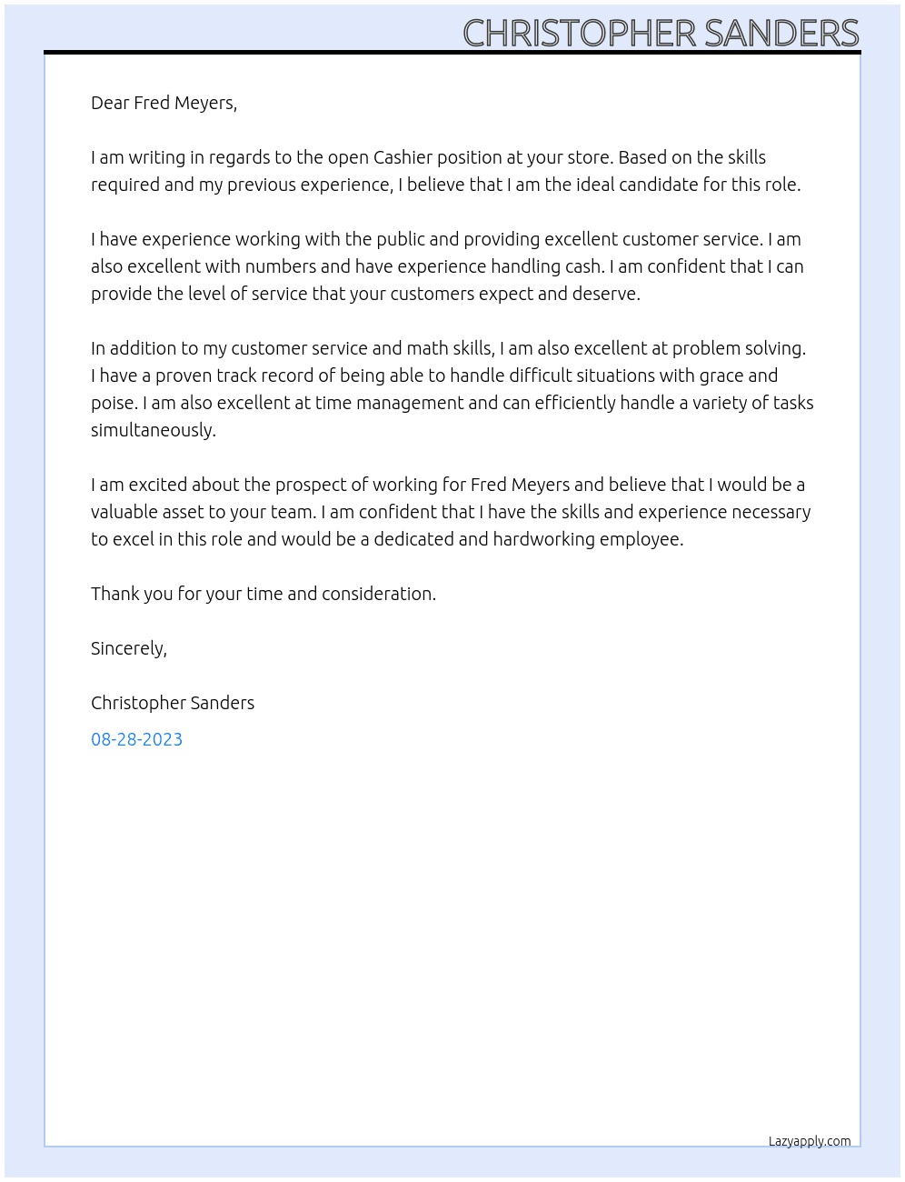 Cashier At Fred Meyers  Cover Letter