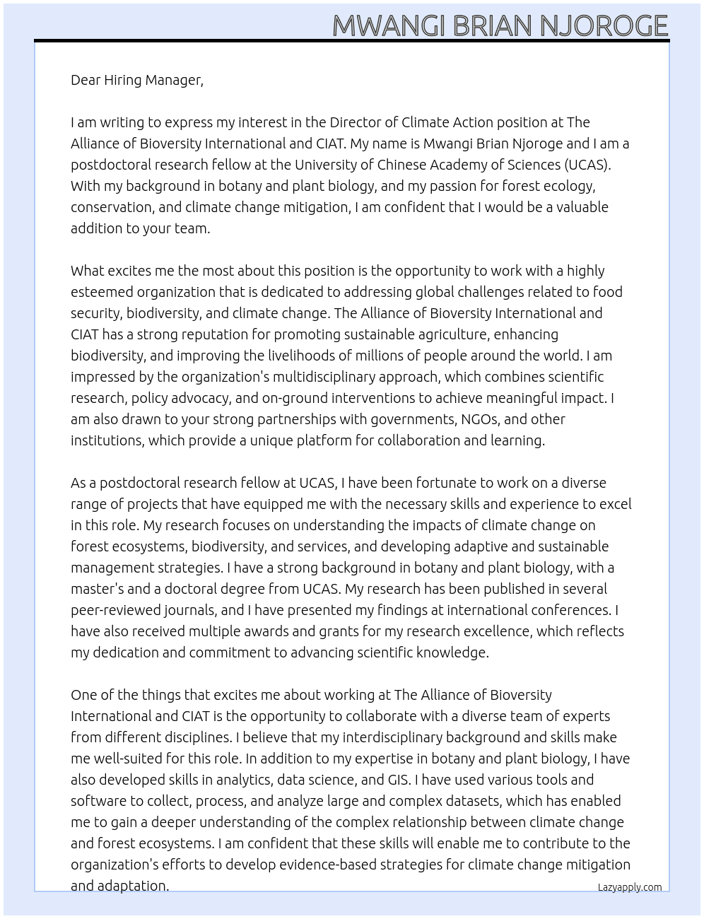 Director of Climate Action At The Alliance of Bioversity International and CIAT Cover Letter