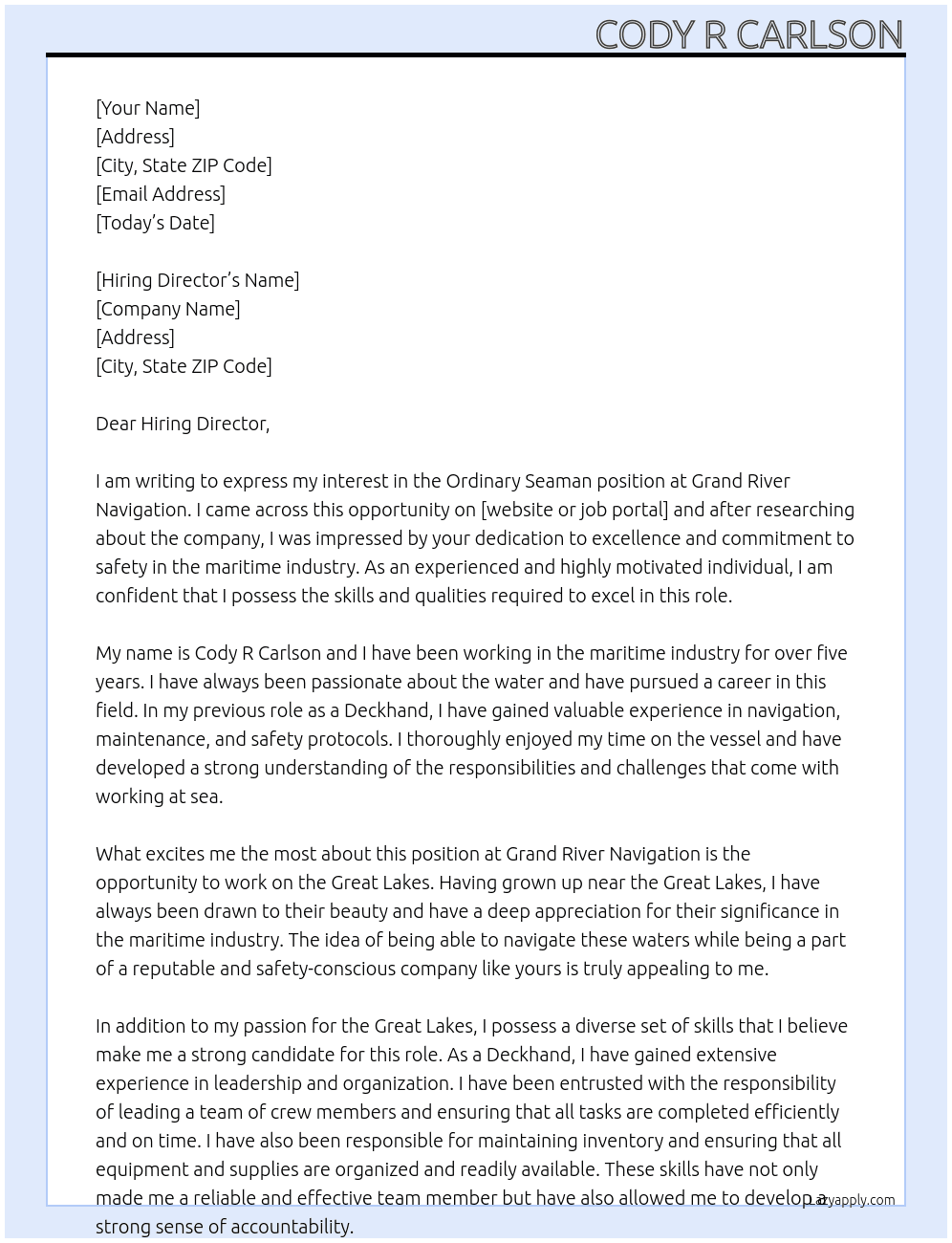 Ordinary Seaman At Grand River Navigation Cover Letter